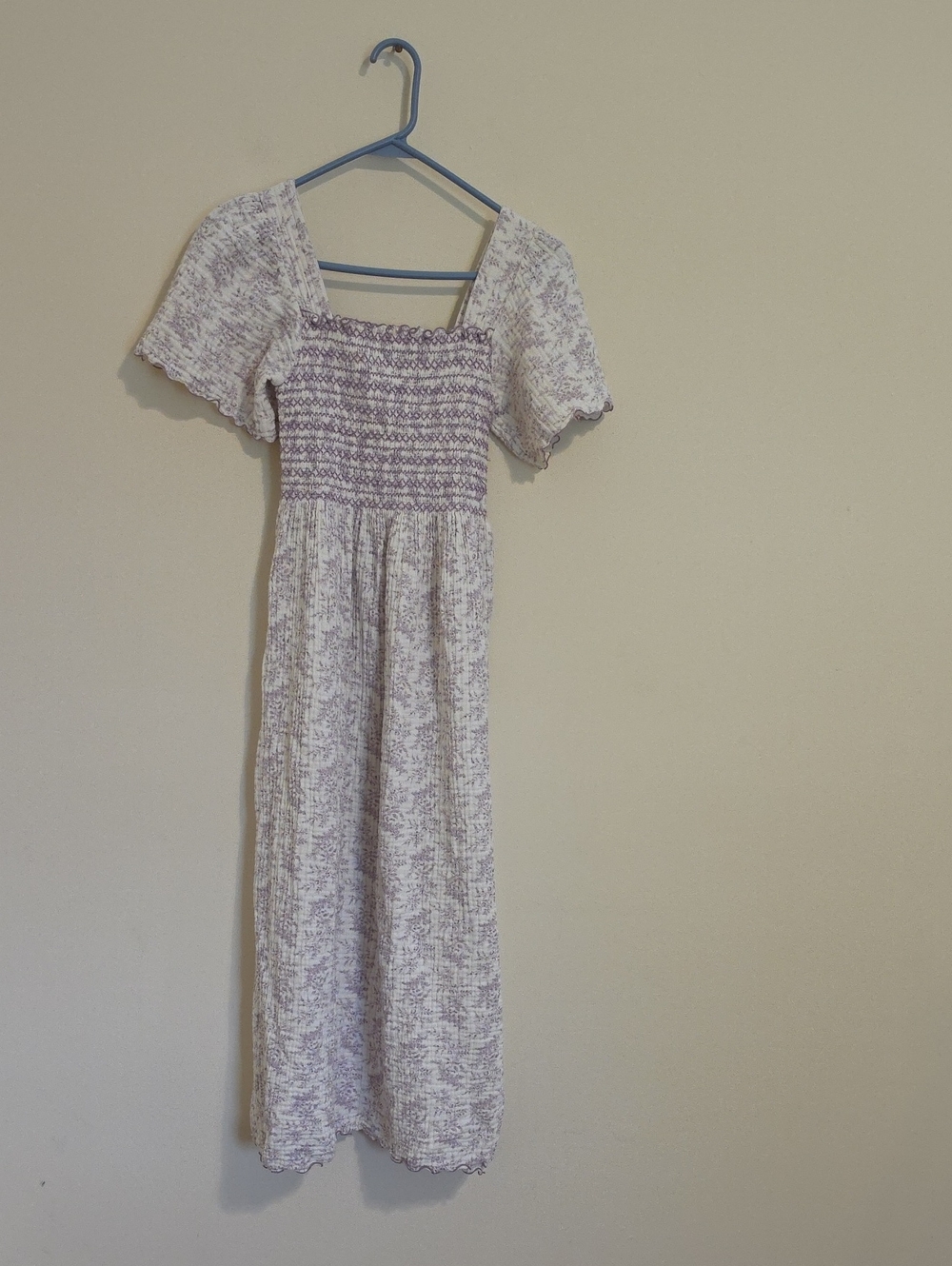 Smocked Square-Neck Midi Dress in Lavender Print